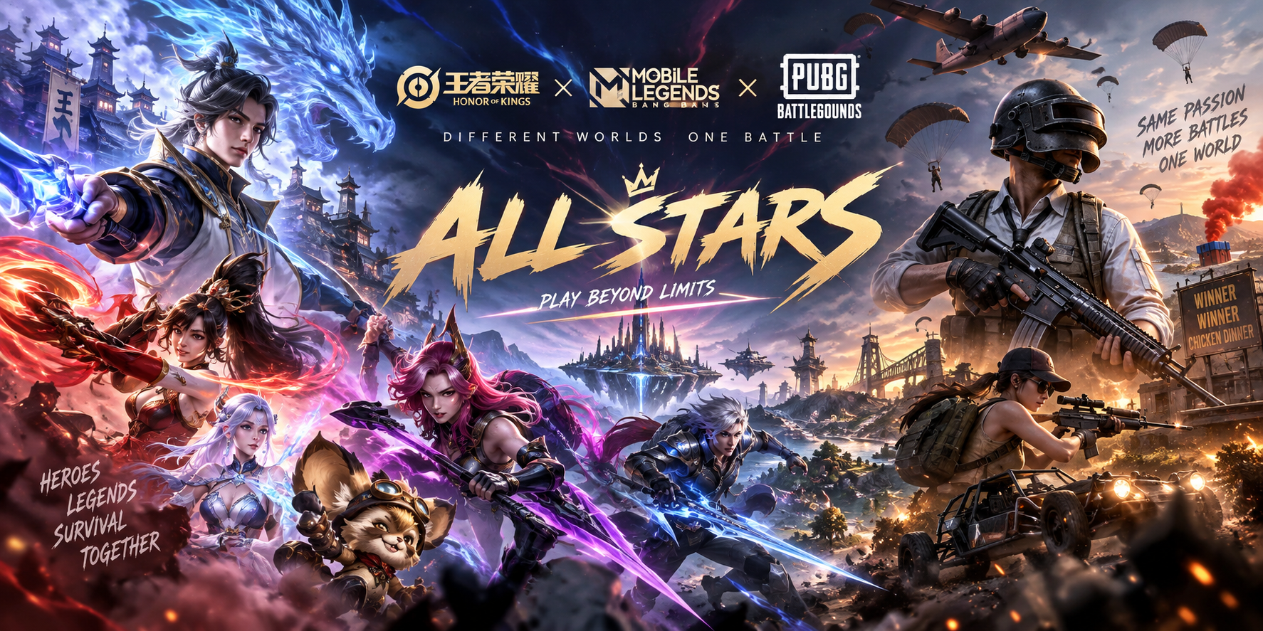 All Stars 电竞主题海报:王者荣耀、Mobile Legends 与 PUBG,同一个竞技世界